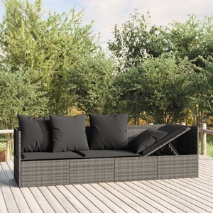 vidaXL, vidaXL Outdoor-Loungebett mit Kissen Grau Poly Rattan, 