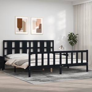 vidaXL, vidaXL Massivholzbett mit Kopfteil Schwarz 200x200 cm, vidaXL Massivholzbett mit Kopfteil Schwarz 200x200 cm
