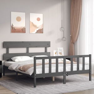 vidaXL Massivholzbett mit Kopfteil Grau 5FT King Size