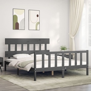 vidaXL, vidaXL Massivholzbett mit Kopfteil Grau 5FT King Size