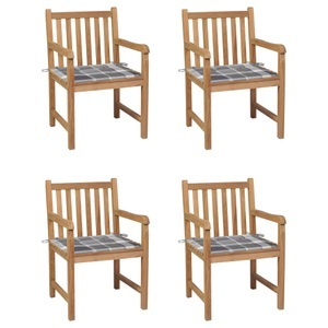 vidaXL, vidaXL Gartenstühle 4 Stk. Graue Karomuster-Kissen Massivholz Teak, 