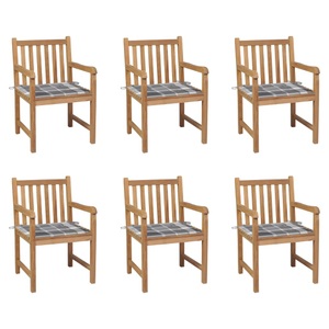 vidaXL, vidaXL Gartenstühle 6 Stk. Graue Karomuster-Kissen Massivholz Teak
