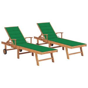 vidaXL, vidaXL Sonnenliegen 2 Stk. mit Grünen Auflagen Massivholz Teak, 