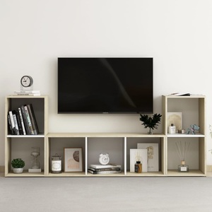 vidaXL, vidaXL 3-tlg. TV-Schrank-Set Weiß Sonoma-Eiche Spanplatte, vidaXL 3-tlg. TV-Schrank-Set Weiß Sonoma-Eiche Holzwerkstoff