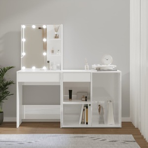 vidaXL, vidaXL LED-Schminktisch mit Schrank Hochglanz-Weiß Holzwerkstoff