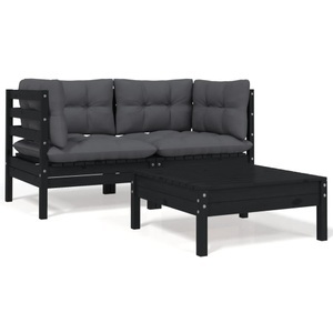 vidaXL, vidaXL 3-tlg. Garten-Lounge-Set mit Kissen Schwarz Kiefer Massivholz, vidaXL 3-tlg. Garten-Lounge-Set mit Kissen Schwarz Massivholz Kiefer