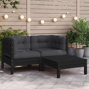vidaXL, vidaXL 3-tlg. Garten-Lounge-Set mit Kissen Schwarz Kiefer Massivholz