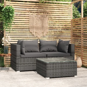 vidaXL, vidaXL 3-tlg. Garten-Lounge-Set mit Kissen Grau Poly Rattan, vidaXL 3-tlg. Garten-Lounge-Set mit Kissen Grau Poly Rattan