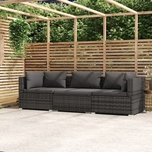 vidaXL, vidaXL 3-Sitzer-Sofa mit Kissen Grau Poly Rattan, vidaXL 3-Sitzer-Sofa mit Kissen Grau Poly Rattan