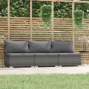 vidaXL, vidaXL 3-Sitzer-Sofa mit Kissen Grau Poly Rattan, vidaXL 3-Sitzer-Sofa mit Kissen Grau Poly Rattan