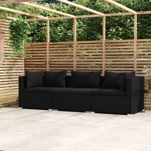 vidaXL, vidaXL 3-Sitzer-Sofa mit Kissen Schwarz Poly Rattan