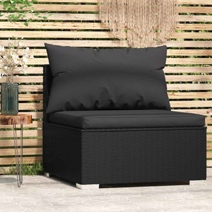 vidaXL, vidaXL Garten-Mittelsofa mit Kissen Schwarz Poly Rattan, vidaXL Garten-Mittelsofa mit Kissen Schwarz Poly Rattan