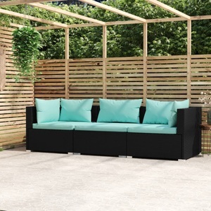 vidaXL, vidaXL 3-Sitzer-Sofa mit Auflagen Schwarz Poly Rattan, vidaXL 3-Sitzer-Sofa mit Auflagen Schwarz Poly Rattan