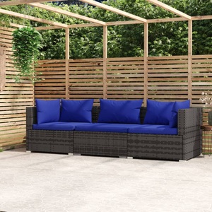vidaXL, vidaXL 3-Sitzer-Sofa mit Kissen Grau Poly Rattan, vidaXL 3-Sitzer-Sofa mit Kissen Grau Poly Rattan