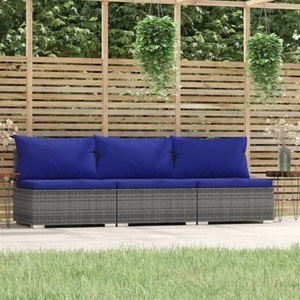 vidaXL, vidaXL 3-Sitzer-Sofa mit Kissen Grau Poly Rattan, vidaXL 3-Sitzer-Sofa mit Kissen Grau Poly Rattan
