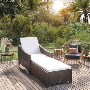 vidaXL, vidaXL Sonnenliege mit Cremeweißer Auflage Poly Rattan Schwarz, vidaXL Sonnenliege mit Cremeweißer Auflage Poly Rattan Schwarz