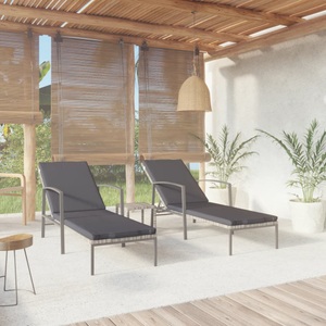 vidaXL, vidaXL Sonnenliegen 2 Stk. mit Tisch Poly Rattan Grau, vidaXL Sonnenliegen 2 Stk. mit Tisch Poly Rattan Grau
