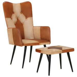 vidaXL, vidaXL Sessel mit Hocker Braun Echtleder und Canvas, vidaXL Sessel mit Hocker Braun Echtleder und Canvas