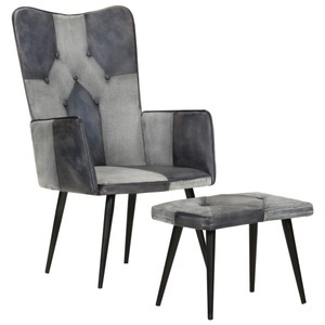 vidaXL, vidaXL Sessel mit Hocker Grau Echtleder und Canvas, vidaXL Sessel mit Hocker Grau Echtleder und Canvas
