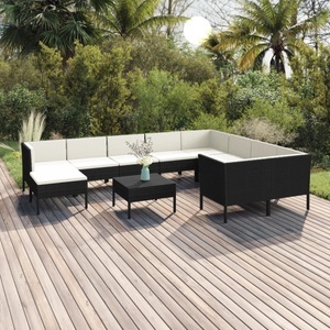 vidaXL, vidaXL 11-tlg. Garten-Lounge-Set mit Auflagen Poly Rattan Schwarz