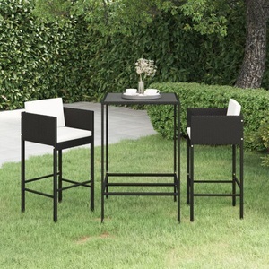 vidaXL, vidaXL 3-tlg. Gartenbar-Set mit Kissen Poly Rattan Schwarz, vidaXL 3-tlg. Gartenbar-Set mit Kissen Poly Rattan Schwarz