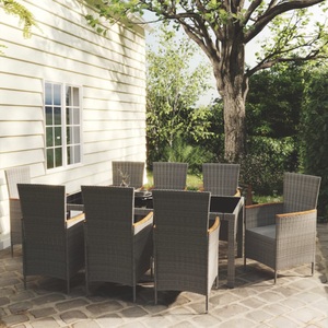 vidaXL, vidaXL 9-tlg. Garten-Essgruppe mit Auflagen Poly Rattan Grau, vidaXL 9-tlg. Garten-Essgruppe mit Kissen Poly Rattan Grau