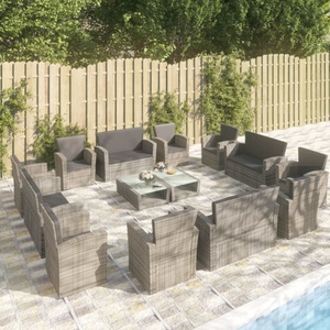 vidaXL 16-tlg. Garten-Lounge-Set mit Auflagen Poly Rattan Grau