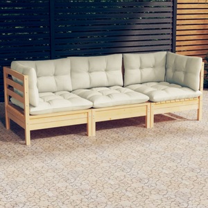 vidaXL, vidaXL 3-Sitzer-Gartensofa mit Creme Kissen Massivholz Kiefer, vidaXL 3-Sitzer-Gartensofa mit Creme Kissen Massivholz Kiefer