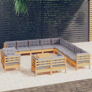 vidaXL, vidaXL 14-tlg. Garten-Lounge-Set mit Grauen Kissen Massivholz Kiefer, 