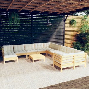 vidaXL, vidaXL 12-tlg. Garten-Lounge-Set mit Creme Kissen Kiefernholz, 