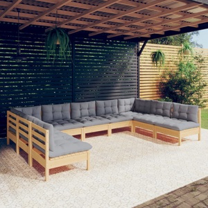 vidaXL, vidaXL 9-tlg. Garten-Lounge-Set mit Grauen Kissen Kiefer Massivholz, 