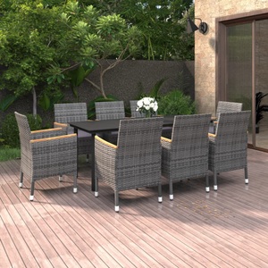 vidaXL, vidaXL 9-tlg. Garten-Essgruppe mit Kissen Poly Rattan und Glas, 
