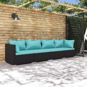 vidaXL, vidaXL 4-tlg. Garten-Lounge-Set mit Kissen Poly Rattan Schwarz, vidaXL 4-tlg. Garten-Lounge-Set mit Auflagen Poly Rattan Schwarz