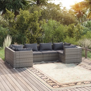 vidaXL, vidaXL 6-tlg. Garten-Lounge-Set mit Kissen Poly Rattan Grau, vidaXL 6-tlg. Garten-Lounge-Set mit Kissen Poly Rattan Grau