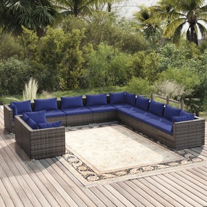 vidaXL, vidaXL 11-tlg. Garten-Lounge-Set mit Kissen Grau Poly Rattan, 