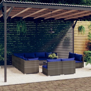 vidaXL, vidaXL 12-tlg. Garten-Lounge-Set mit Kissen Grau Poly Rattan, 