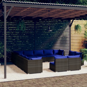 vidaXL, vidaXL 13-tlg. Garten-Lounge-Set mit Kissen Grau Poly Rattan, 
