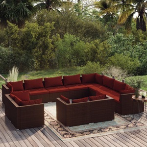vidaXL, vidaXL 12-tlg. Garten-Lounge-Set mit Kissen Braun Poly Rattan, 