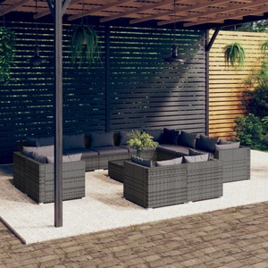 vidaXL, vidaXL 13-tlg. Garten-Lounge-Set mit Kissen Grau Poly Rattan, 