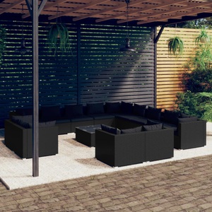 vidaXL, vidaXL 14-tlg. Garten-Lounge-Set mit Kissen Schwarz Poly Rattan, 