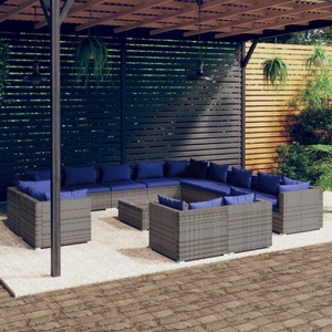 vidaXL, vidaXL 14-tlg. Garten-Lounge-Set mit Kissen Grau Poly Rattan, 