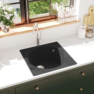 vidaXL, vidaXL Küchenspüle mit Überlauf Schwarz Granit, vidaXL Küchenspüle mit Überlauf Schwarz Granit