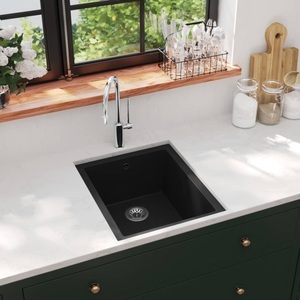 vidaXL, vidaXL Küchenspüle mit Überlauf Schwarz Granit, vidaXL Küchenspüle mit Überlauf Schwarz Granit