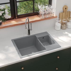 vidaXL, vidaXL Küchenspüle mit Überlauf Doppelbecken Grau Granit, vidaXL Küchenspüle mit Überlauf Doppelbecken Grau Granit