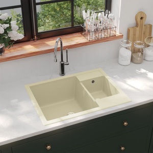 vidaXL, vidaXL Küchenspüle mit Überlauf Doppelbecken Beige Granit, vidaXL Küchenspüle mit Überlauf Doppelbecken Beige Granit