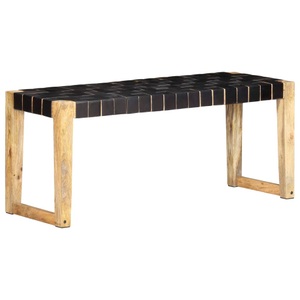 vidaXL, vidaXL Bank 110 cm Schwarz Echtleder und Massivholz Mango, vidaXL Bank 110 cm Schwarz Echtleder und Massivholz Mango