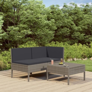 vidaXL, vidaXL 3-tlg. Garten-Lounge-Set mit Auflagen Poly Rattan Grau, vidaXL 3-tlg. Garten-Lounge-Set mit Auflagen Poly Rattan Grau