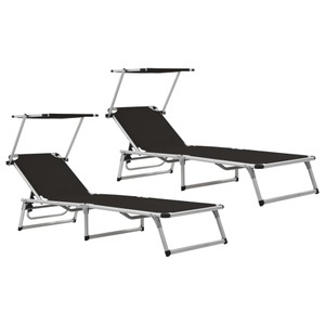 vidaXL, vidaXL Klappbare Sonnenliegen mit Dach 2 Stk. Alu Textilene Schwarz, vidaXL Klappbare Sonnenliegen mit Dach 2 Stk. Alu Textilene Schwarz