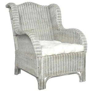 vidaXL, vidaXL Sessel mit Kissen Grau Natur-Rattan und Leinen, vidaXL Sessel mit Kissen Grau Natur-Rattan und Leinen