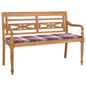 vidaXL, vidaXL Batavia-Gartenbank Rotes Karomuster-Kissen 120 cm Teak Massiv, 